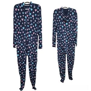 MeUndies One Piece Hoodie Pajama Suit Hearts Print Womens Size S/M
